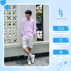 Áo sơ mi sọc hồng nam dài tay form rộng vải đũi unisex phong cách Hàn Quốc đi chơi du lịch học sinh sinh viên