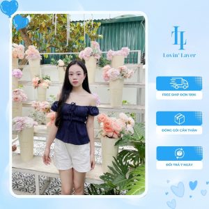 Áo trễ vai nữ dáng babydoll tay ngắn phối dây rút