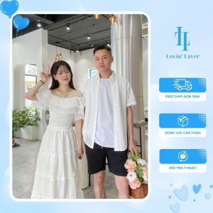 “Couple Tối Giản” Váy maxi nữ + áo sơ mi nam lưới