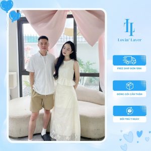 Combo đồ đôi vintage – Váy maxi tiểu thư + áo sơ mi lưới sọc