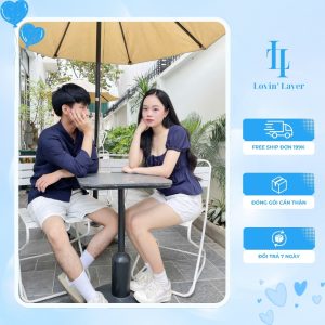 Đồ cặp đôi basic xanh navy – Áo sơ đũi mi nam + áo thun nữ kiểu