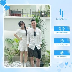 Combo đồ couple trắng đen – Váy trắng tiểu thư nữ + sơ mi trắng túi hộp nam – Phong cách basic sang nhẹ