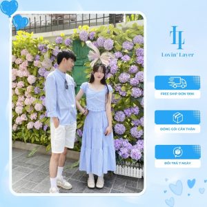 Set đồ đôi cặp đi chơi – Váy maxi nữ caro + áo sơ mi nam basic